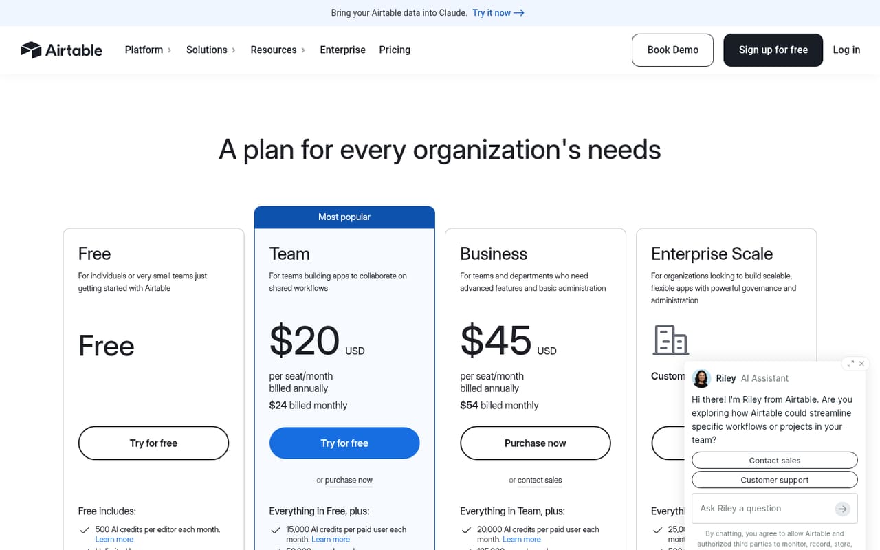 Airtable Pricing page screenshot, captured 16 Oct 2026