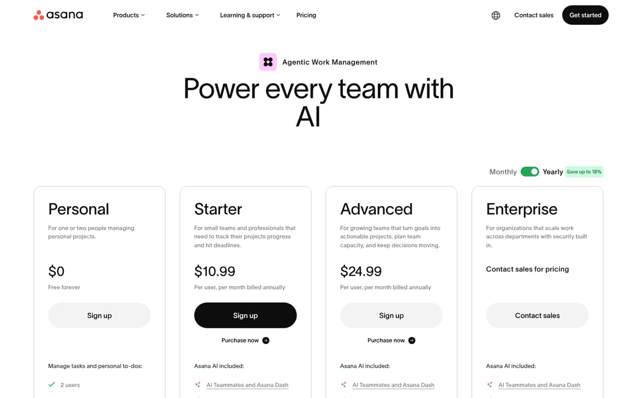 Asana Pricing page screenshot, captured 16 Oct 2026