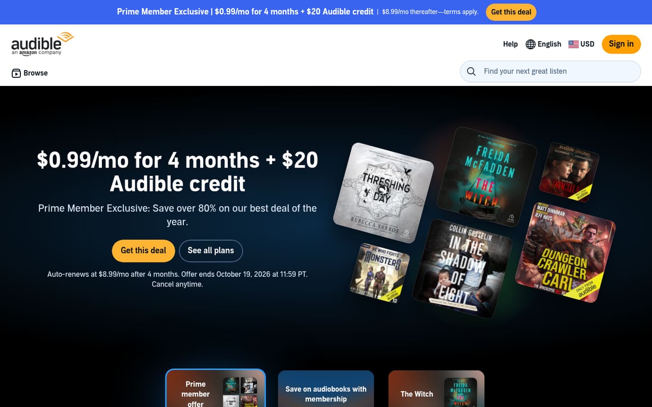 Audible Homepage banner screenshot, captured 16 Oct 2026