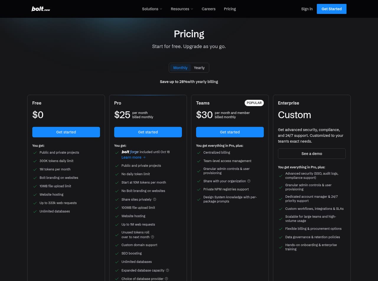 Bolt Pricing page screenshot, captured 16 Oct 2026