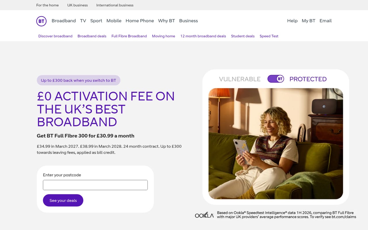 BT Broadband deals page screenshot, captured 16 Oct 2026