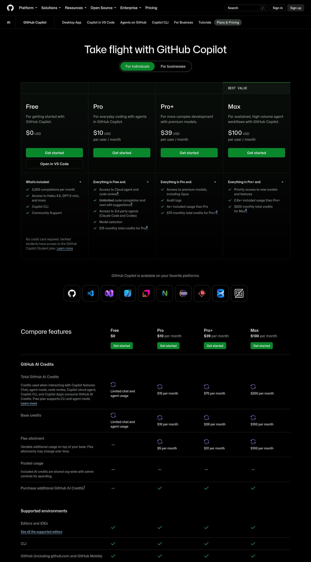 GitHub Copilot Pricing page screenshot, captured 16 Oct 2026