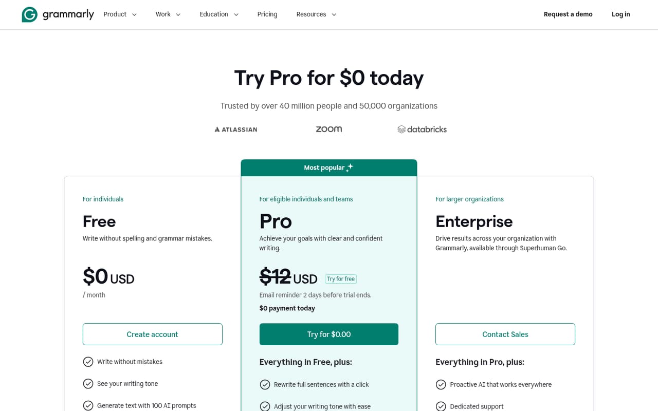 Grammarly Pricing page screenshot, captured 16 Oct 2026