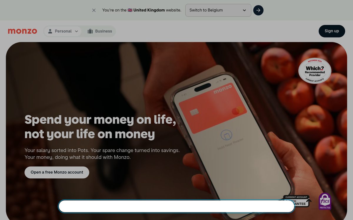 Monzo Homepage screenshot, captured 16 Oct 2026