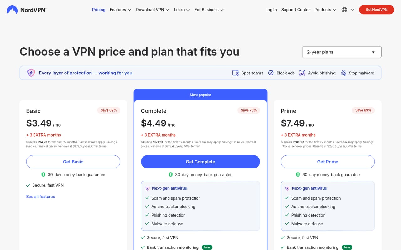 NordVPN Pricing page screenshot, captured 16 Oct 2026