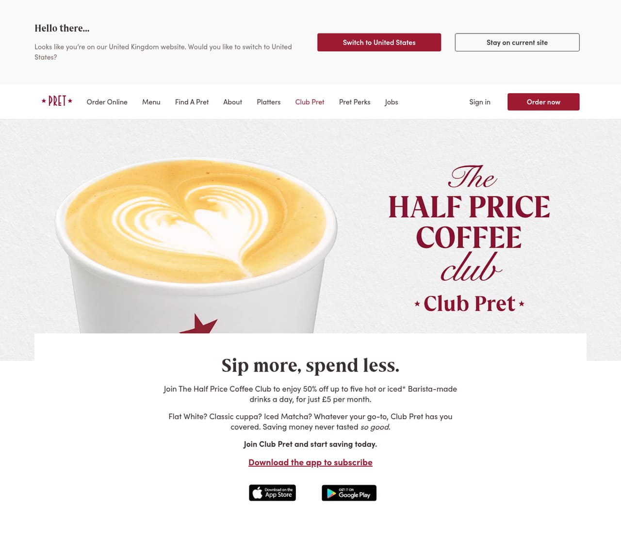 Pret A Manger Subscription page screenshot, captured 16 Oct 2026