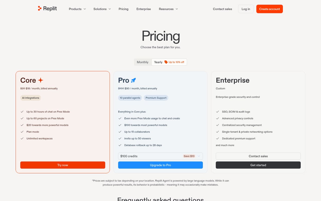 Replit Pricing page screenshot, captured 16 Oct 2026