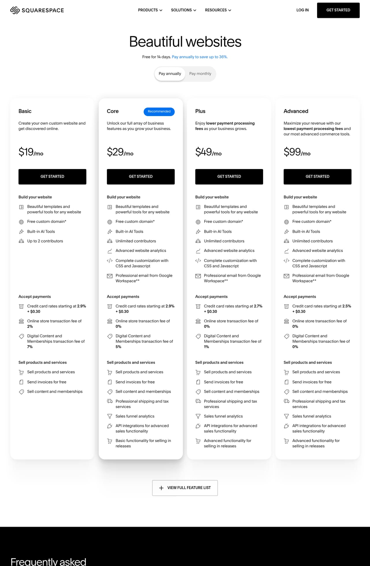 Squarespace Pricing page screenshot, captured 16 Oct 2026