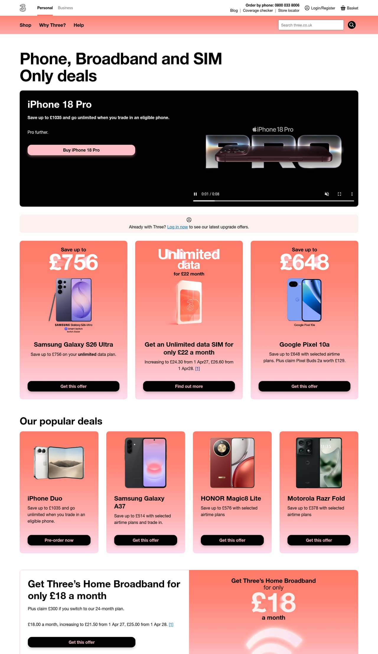 Three Homepage screenshot, captured 16 Oct 2026