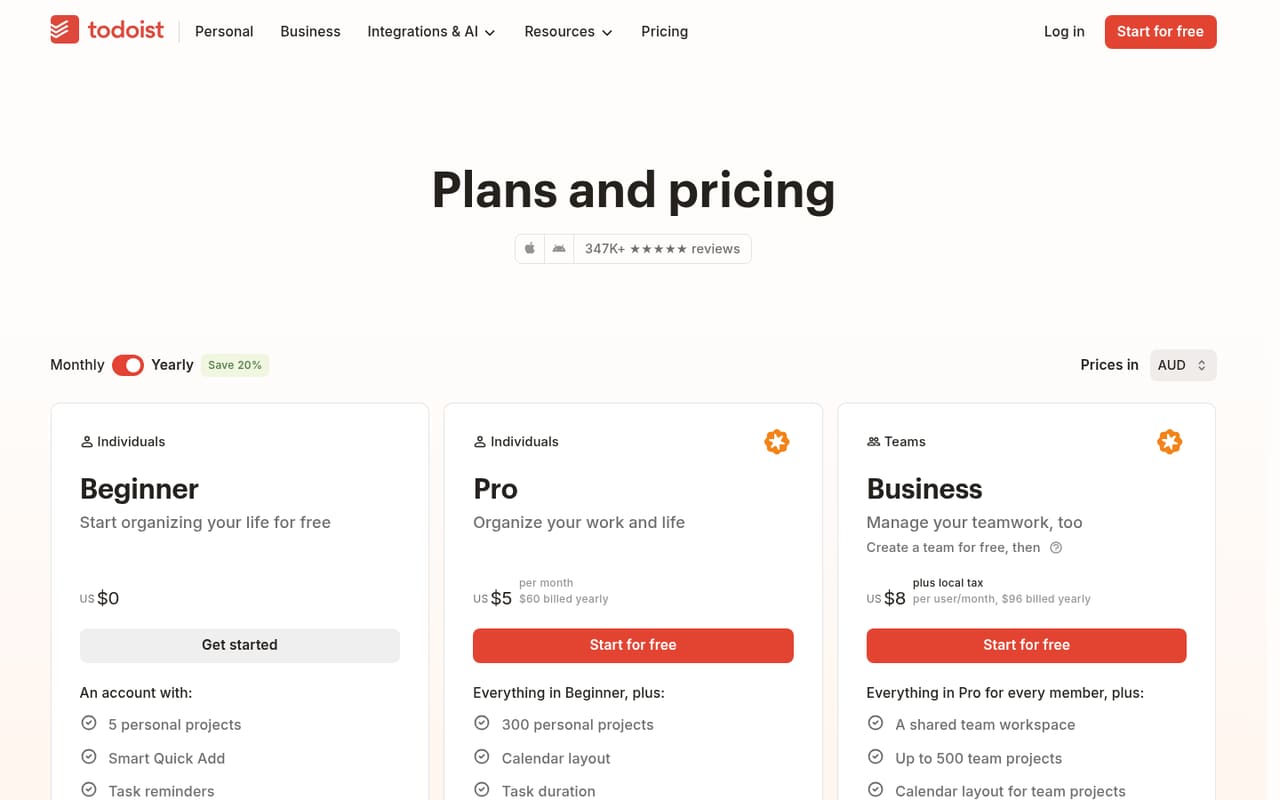 Todoist Pricing page screenshot, captured 16 Oct 2026
