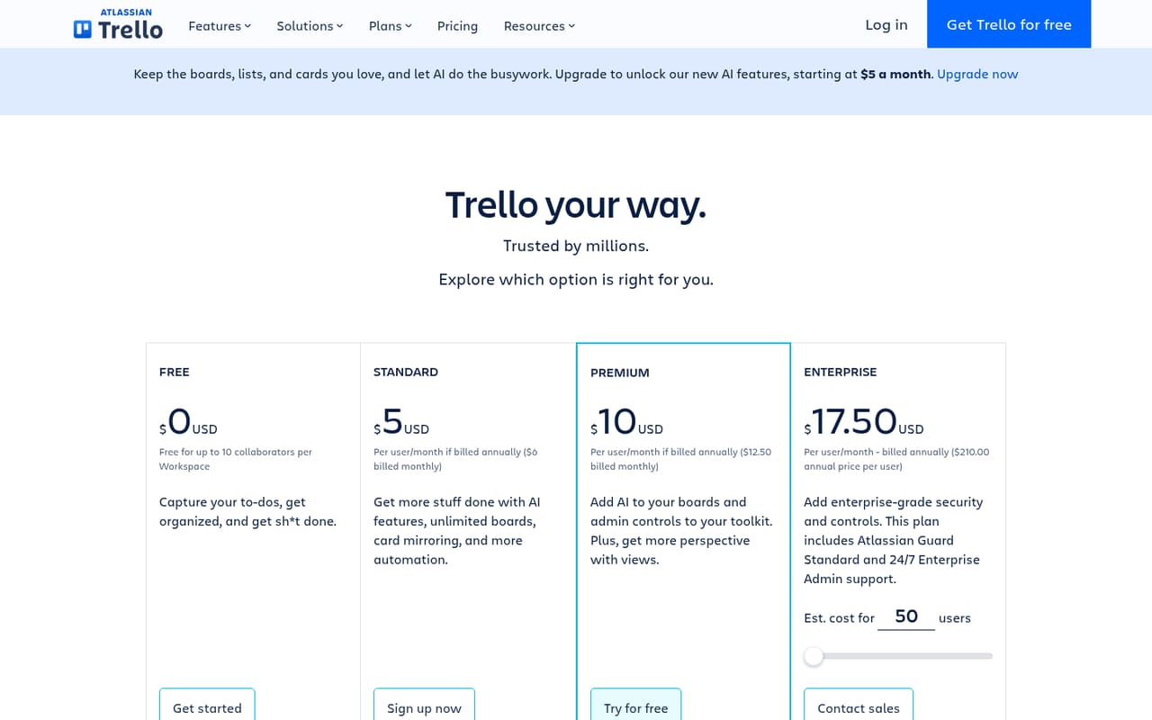 Trello Pricing page screenshot, captured 16 Oct 2026