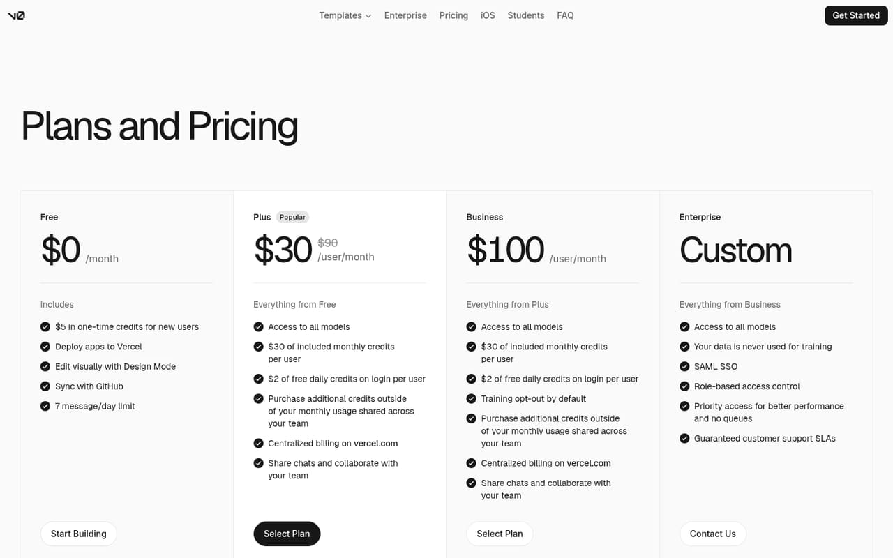 v0 (Vercel) Pricing page screenshot, captured 16 Oct 2026